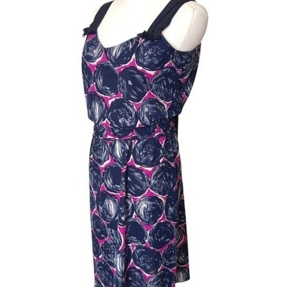 Tory Burch Silk Knit Sleeveless Dress Navy Pink Floral Womens Size M Bow Fringe